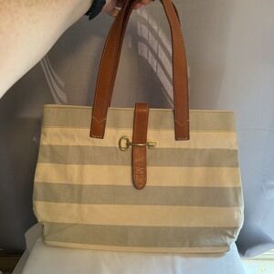 FOSSIL AUSTIN TOTE BAG STRIPED GRAY WHITE COTTON CANVAS TOTE SHOULDER BAG PURSE